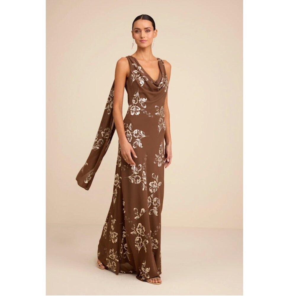 Lulus dress - Sidonia Brown and Gold Floral Cowl Sash Maxi Dress
